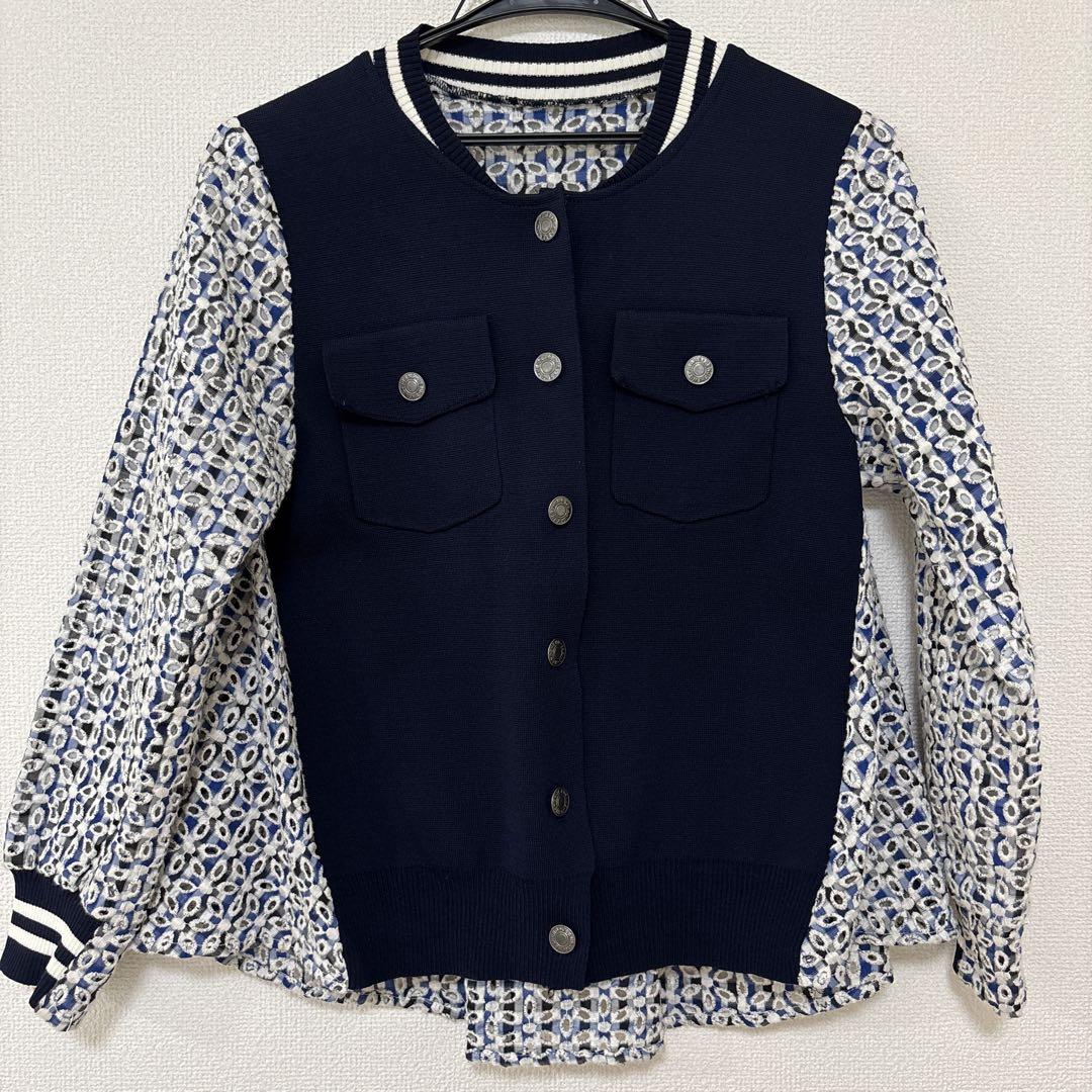 カットワークレース　ニット素材　花　ジャケット　カーディガン　ブルー　ネイビー