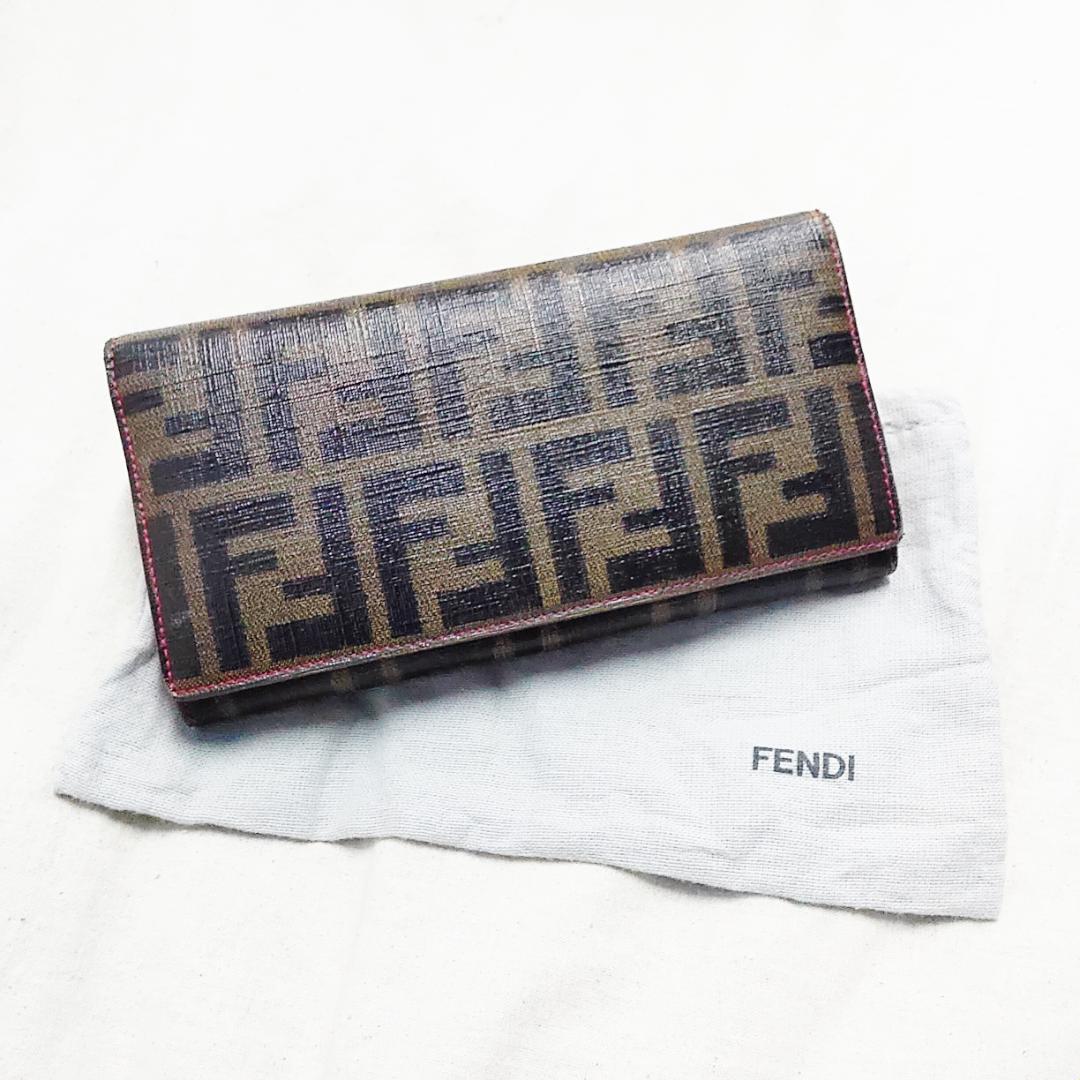 袋付き FENDI フェンディ 長財布 FF ズッカ PVC ピンク バイカラー