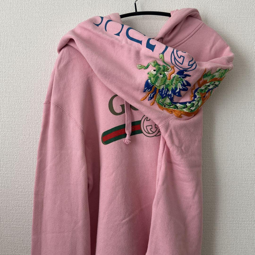 GUCCI パーカー ヴィンテージロゴ 刺繍 龍 ピンク