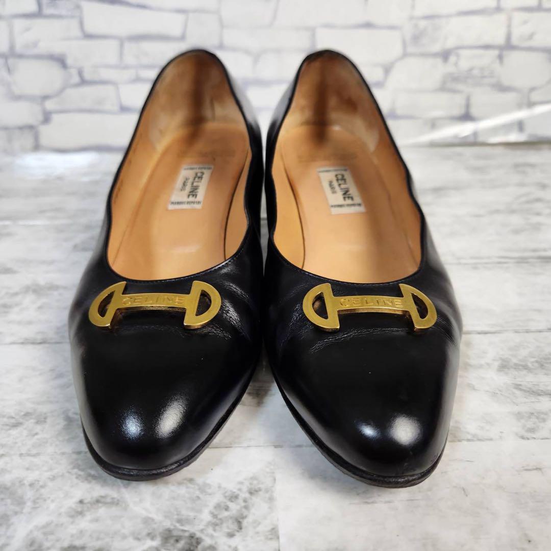 【オープニング大セール】 セリーヌ CELINE パンプス 22.5 チャンキーヒール ゴールド金具 靴