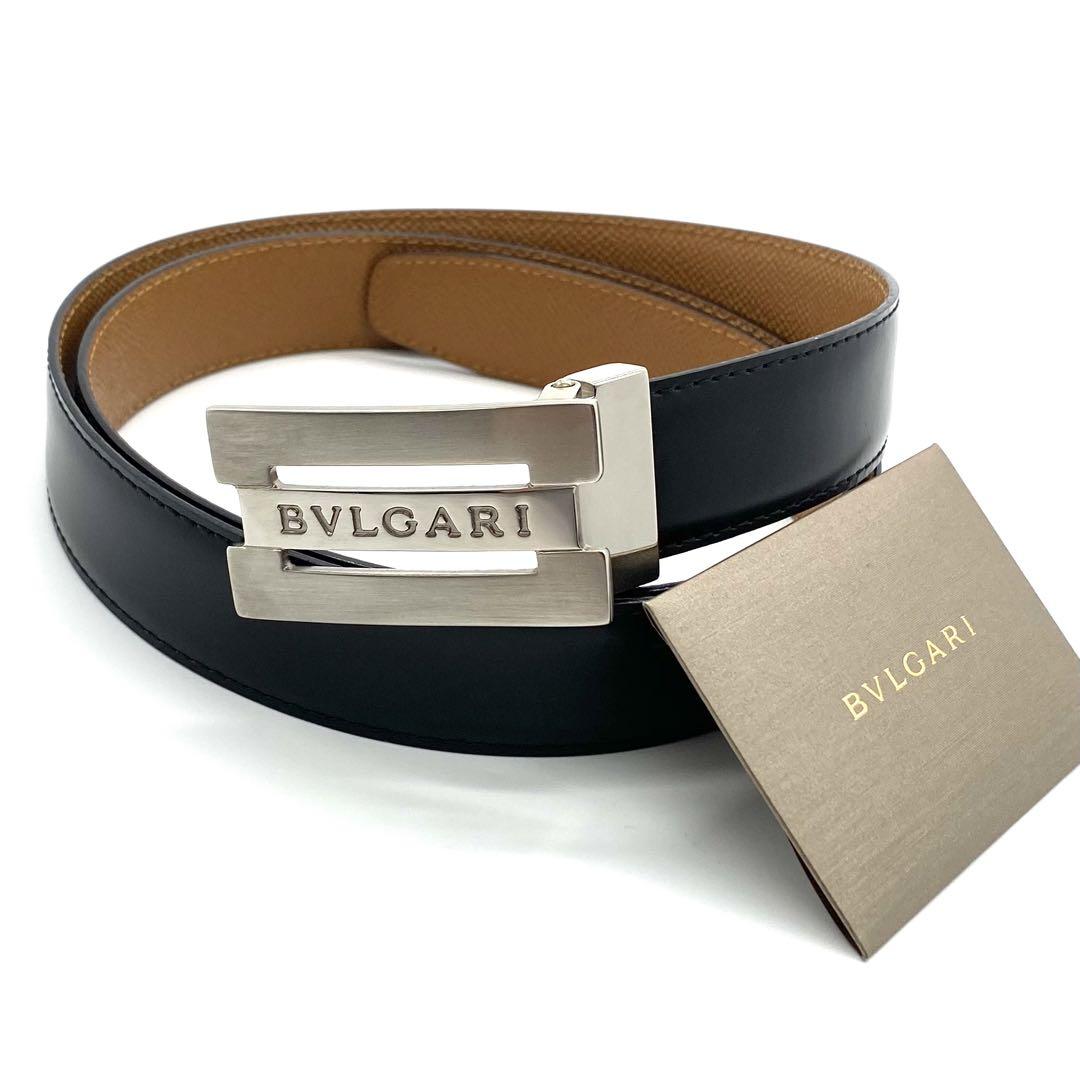 ✨極美品✨BVLGARI レザーベルト ロゴ金具 シルバー ブラック