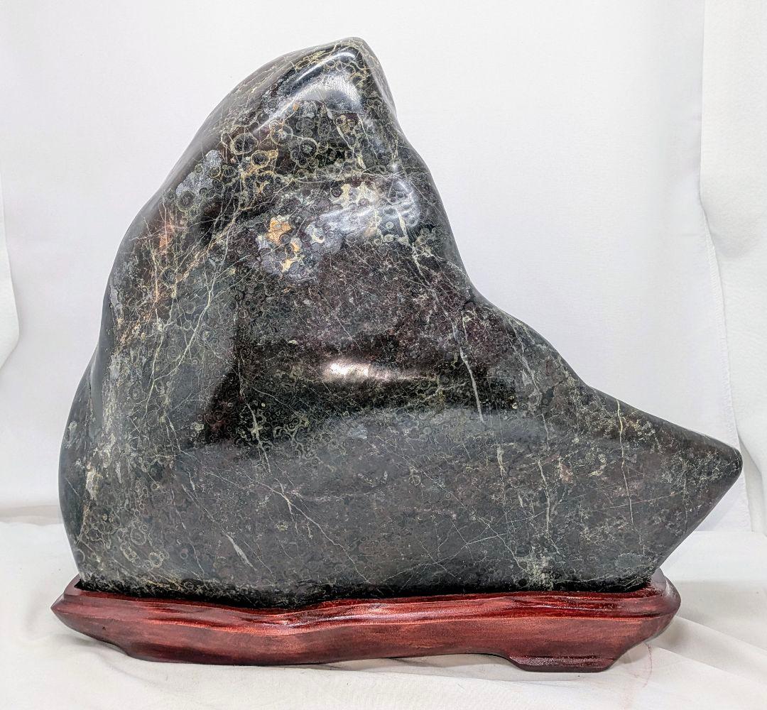 孔雀菊花石 三日月の形　根尾 鑑賞石 水石 木製台座