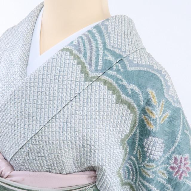 Y1409◇正絹 総絞り『水浅葱色×麻の葉』手縫い仕立て 訪問着 着物 画像3