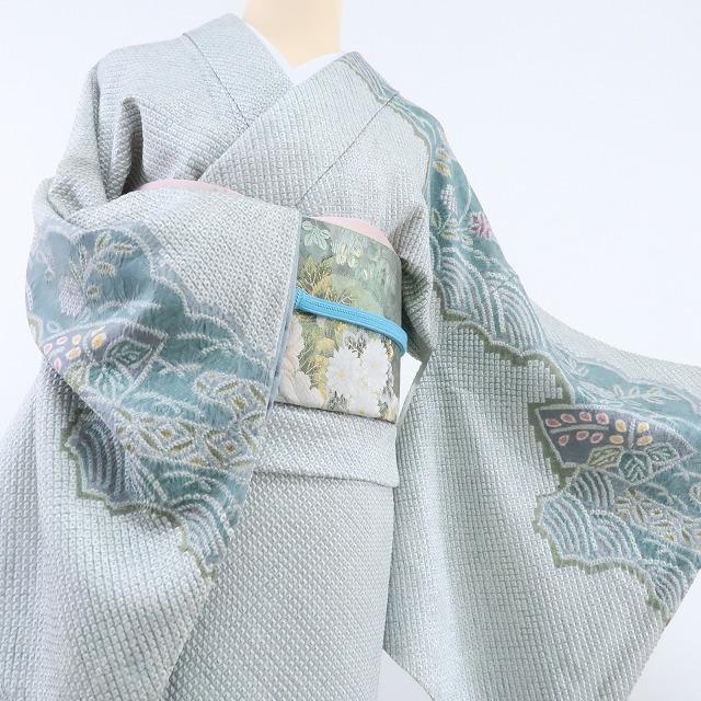 Y1409◇正絹 総絞り『水浅葱色×麻の葉』手縫い仕立て 訪問着 着物 画像8