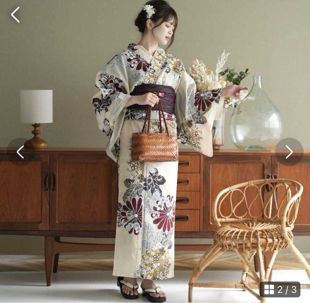utatane 高級変わり織 浴衣3点セット ピンクベージュとグレーの染め分け菊