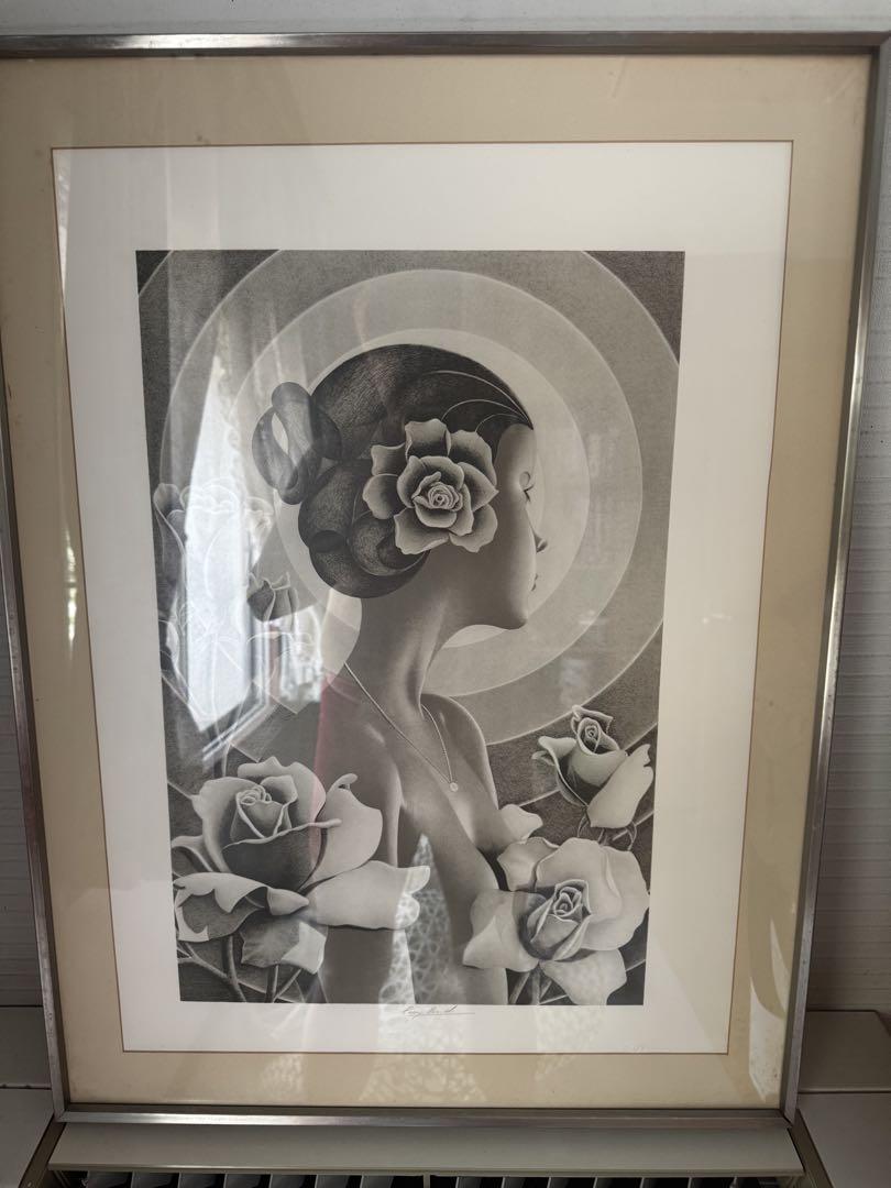 モノクロ 女性の肖像とバラ 絵画 A3