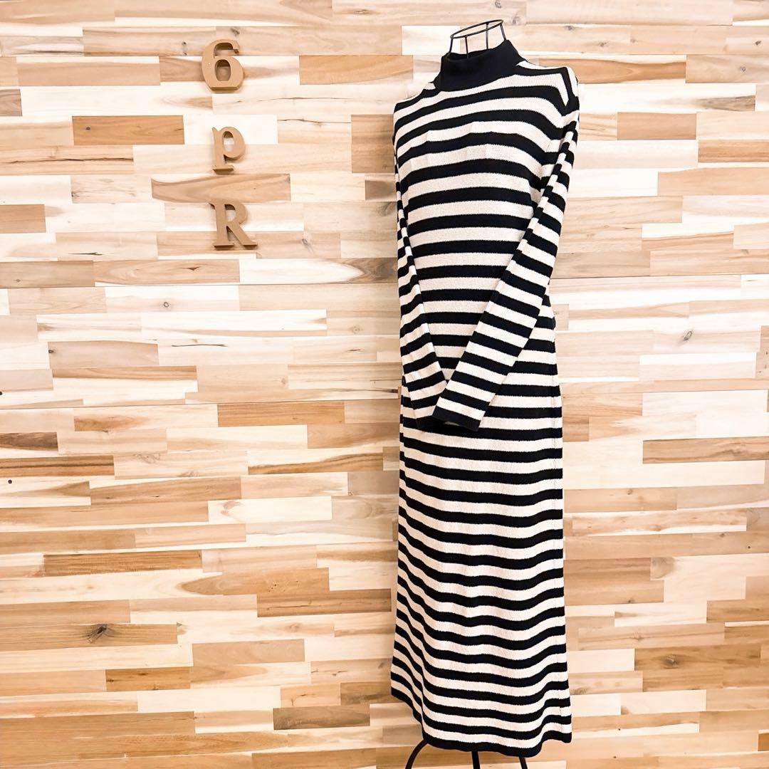 【ザラ】パイル マテリアル リラックス ボーダー ロング ワンピース L 黒