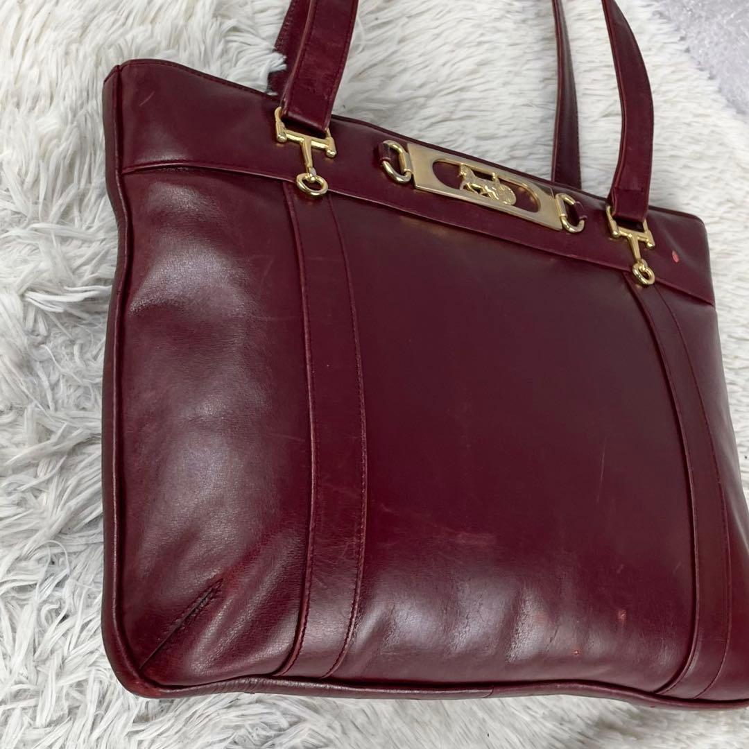 美品 セリーヌ レザー トートバッグ 馬車金具 ロゴ型押し ファスナー ボルドー