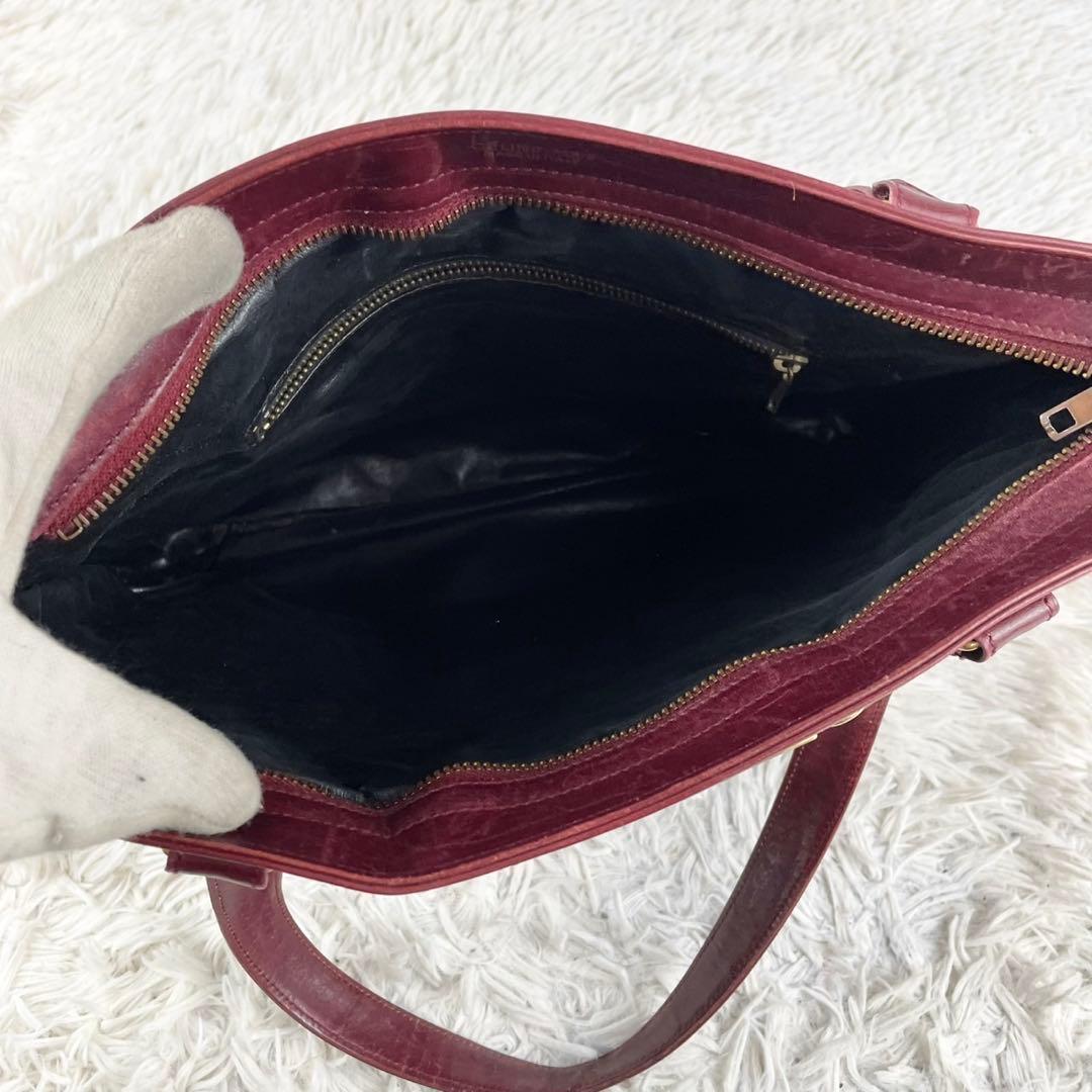美品 セリーヌ レザー トートバッグ 馬車金具 ロゴ型押し ファスナー ボルドー