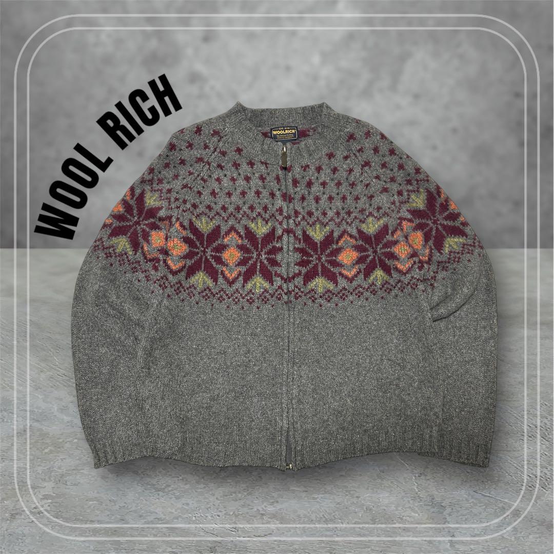 WOOLRICHウールリッチ古着フルジップニットノルディックセーターグレーXL
