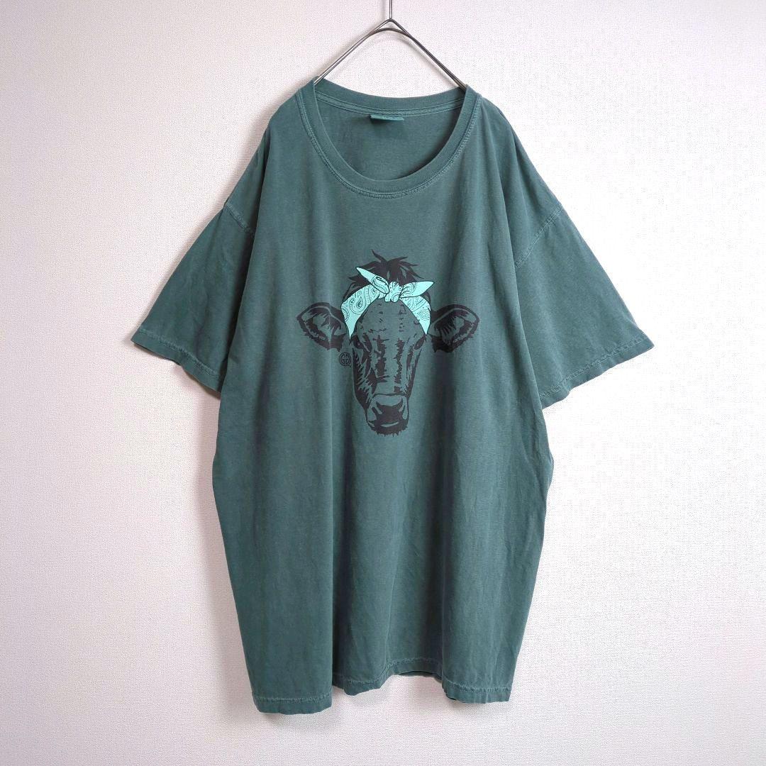 Tシャツ (L) プリントTシャツ 牛 大きいサイズ くすみ系カラー 古着