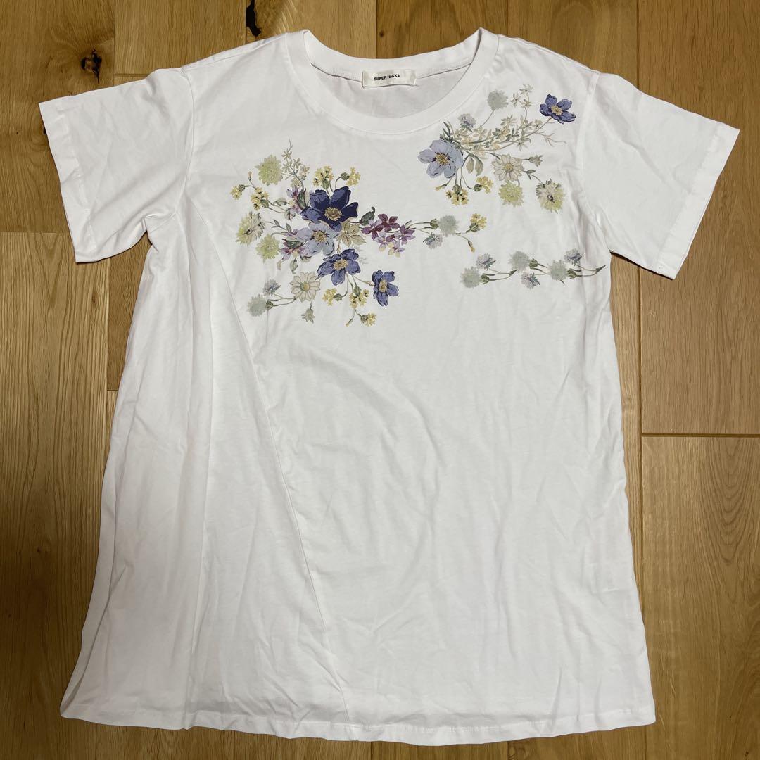 新品　スーパーハッカ　トップス　花柄プリント ロング　フレアシルエットTシャツ