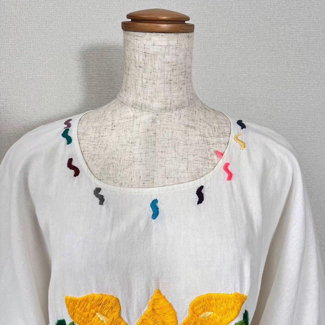 刺繍 エンブロイダリー 花柄 半袖 メキシカンワンピース ホワイトY235 刺繍 エンブロイダリー 花柄 半袖 メキシカンワンピース