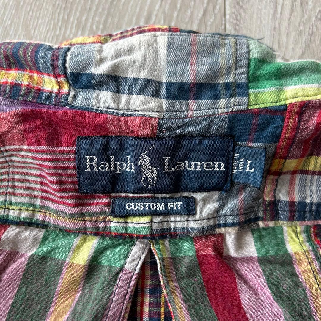 ラルフローレン 半袖ボタンダウンシャツ パッチワーク マドラスチェック L
