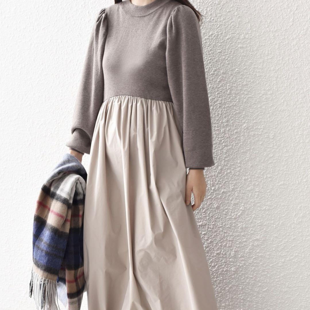 美品 SHIPS ニット×タフタコンビワンピース ブラウン