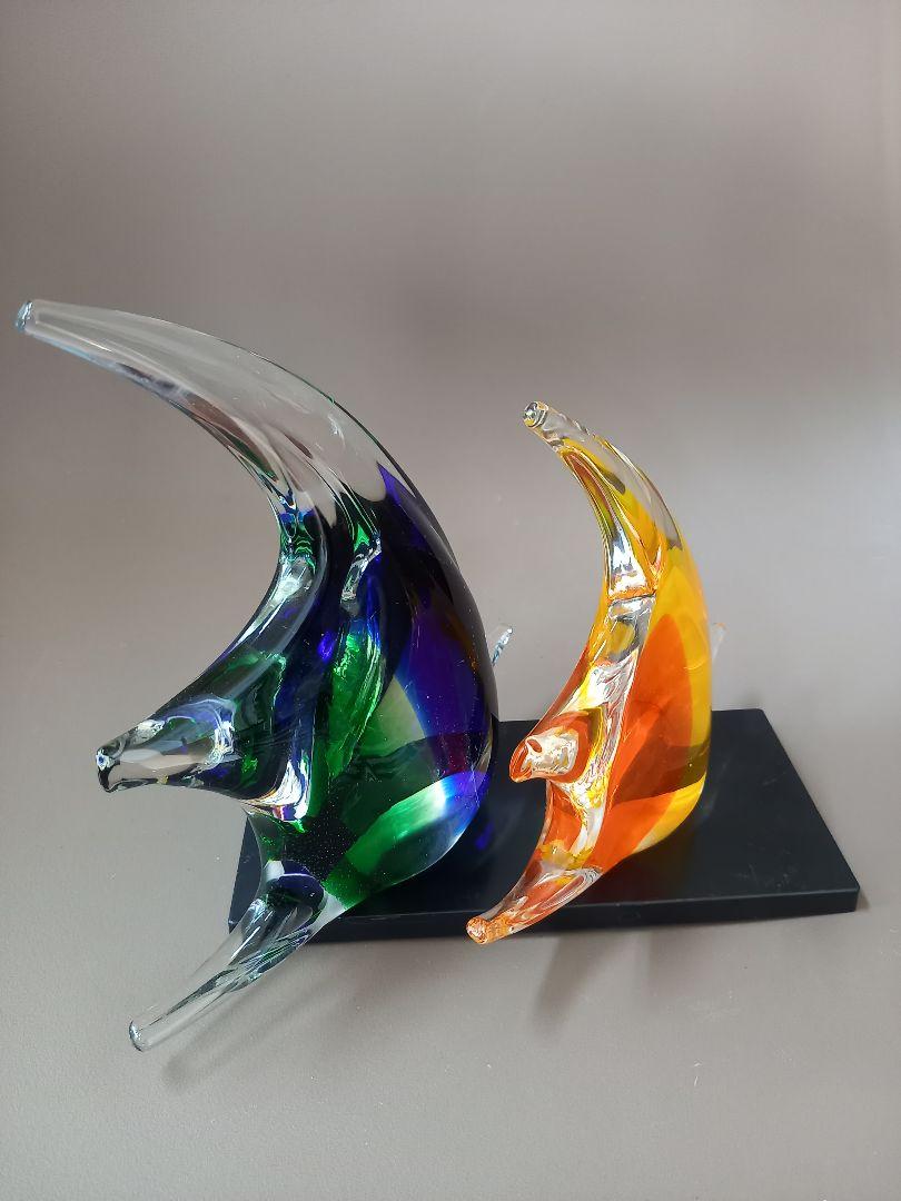 ガラスアート 魚形状 オレンジ 緑 青 二点まとめ売り～