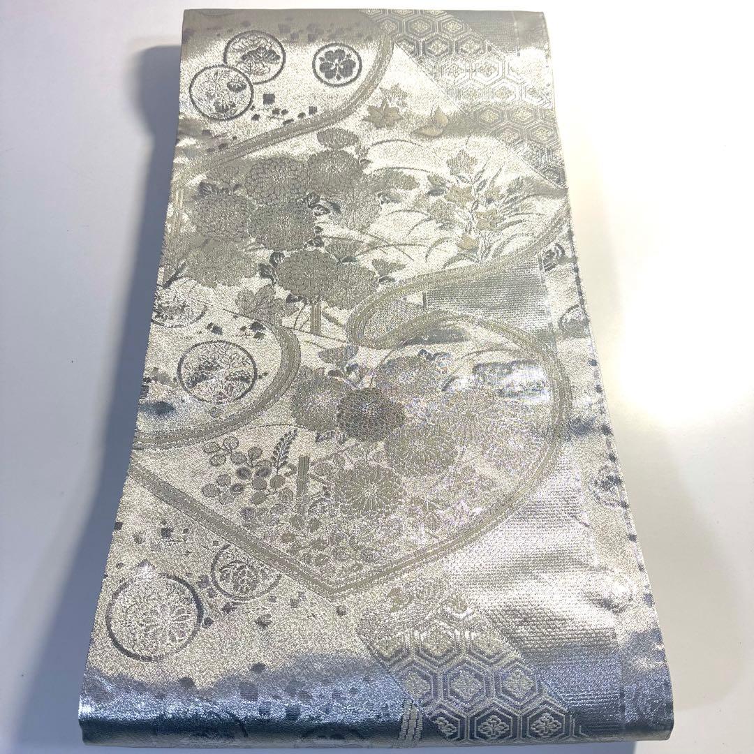5k3072 袋帯 絹 プラチナ銀箔二重織 銀色 白 花柄 和装 着物 5k3072 袋帯 絹 プラチナ銀箔二重織 銀色 白 花柄 和装 着物