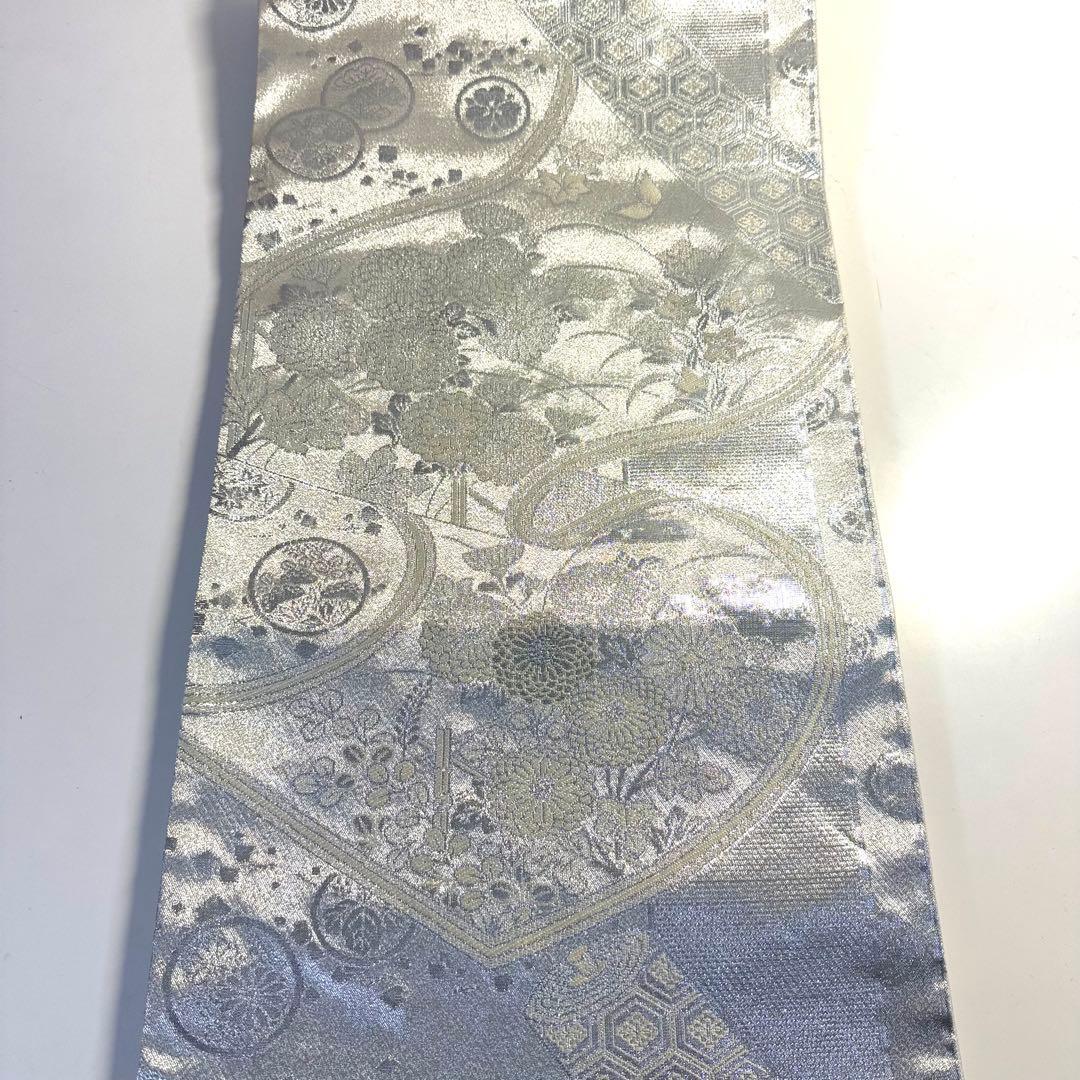 5k3072 袋帯 絹 プラチナ銀箔二重織 銀色 白 花柄 和装 着物 5k3072 袋帯 絹 プラチナ銀箔二重織 銀色 白 花柄 和装 着物