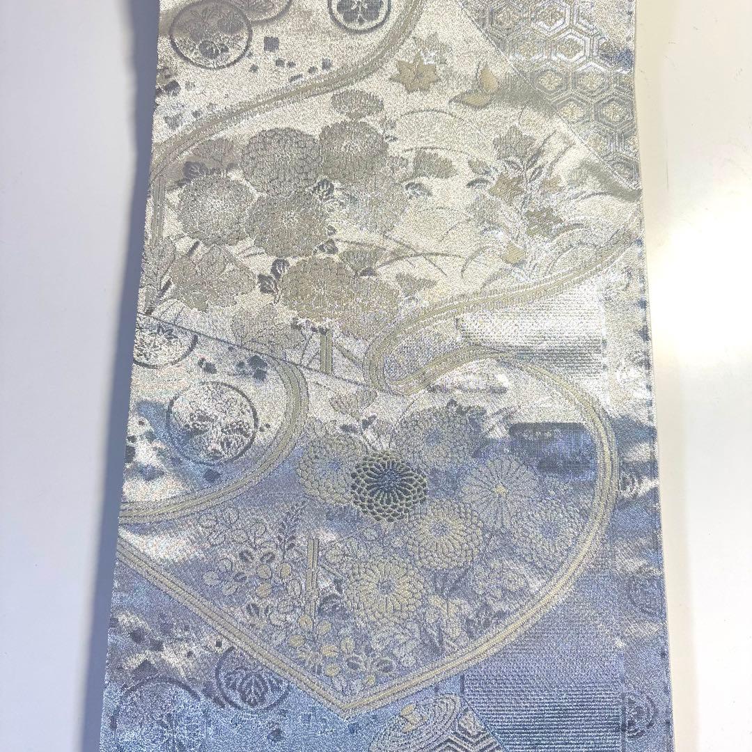 5k3072 袋帯 絹 プラチナ銀箔二重織 銀色 白 花柄 和装 着物 5k3072 袋帯 絹 プラチナ銀箔二重織 銀色 白 花柄 和装 着物
