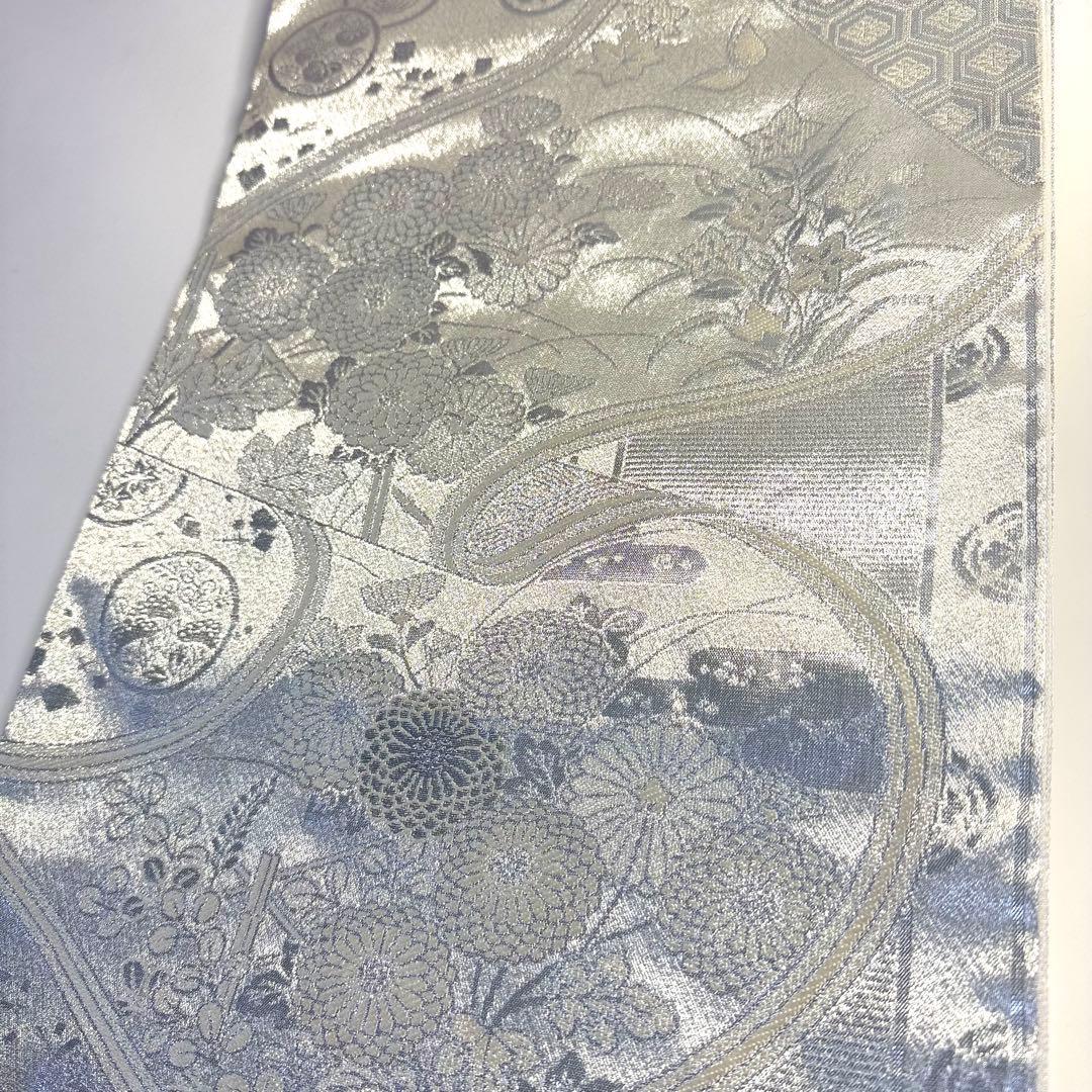 5k3072 袋帯 絹 プラチナ銀箔二重織 銀色 白 花柄 和装 着物 5k3072 袋帯 絹 プラチナ銀箔二重織 銀色 白 花柄 和装 着物