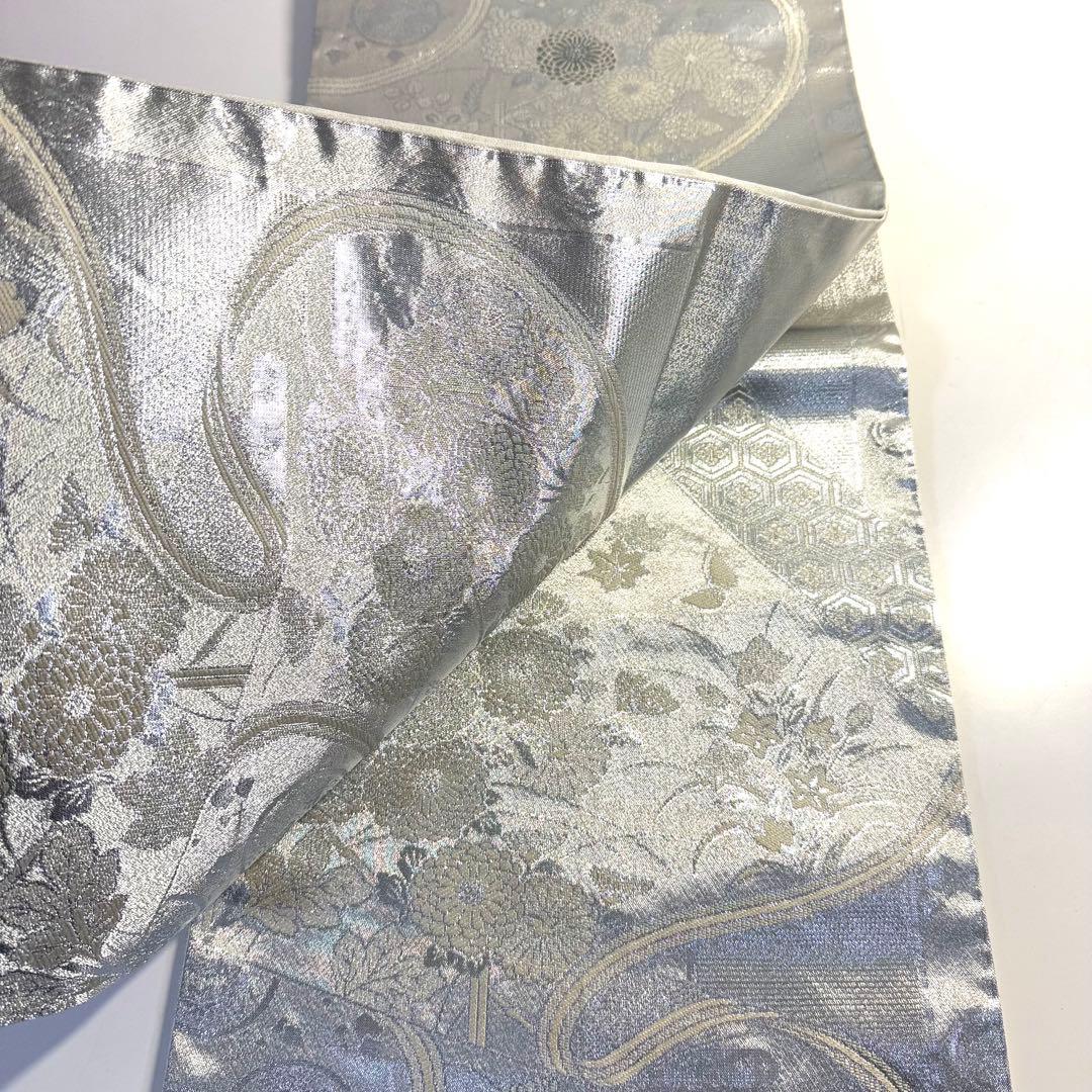 5k3072 袋帯 絹 プラチナ銀箔二重織 銀色 白 花柄 和装 着物 5k3072 袋帯 絹 プラチナ銀箔二重織 銀色 白 花柄 和装 着物