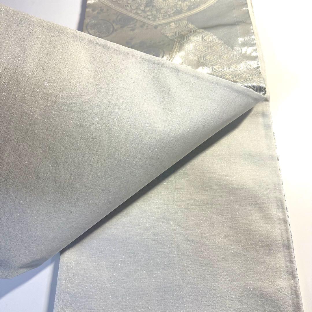 5k3072 袋帯 絹 プラチナ銀箔二重織 銀色 白 花柄 和装 着物 5k3072 袋帯 絹 プラチナ銀箔二重織 銀色 白 花柄 和装 着物