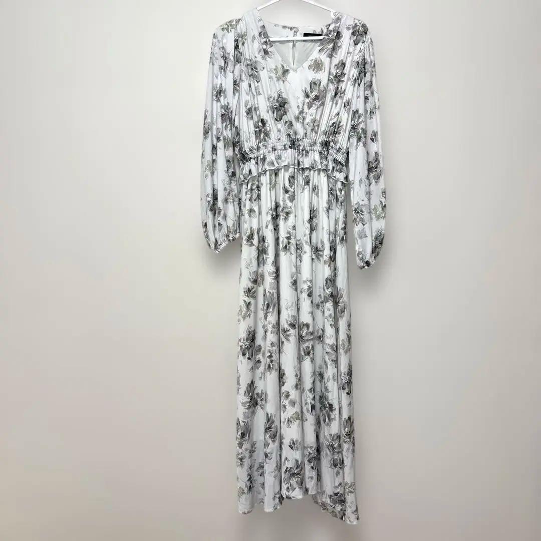anuans 花柄 長袖 ロングワンピース フレア シフォン 大人上品