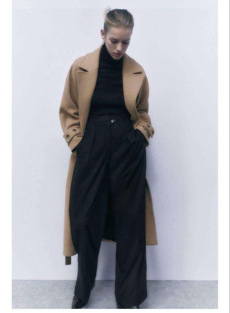 美品 ZARA ウールブレンドコート ロングコート ベージュ ベルト