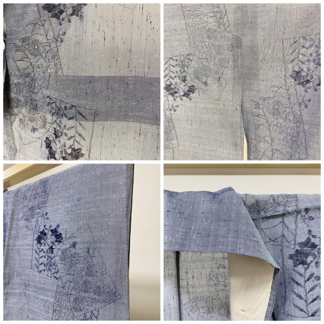 A 夏物 結城紬 短冊に花模様 灰色 桔梗 菊 手織り 着物