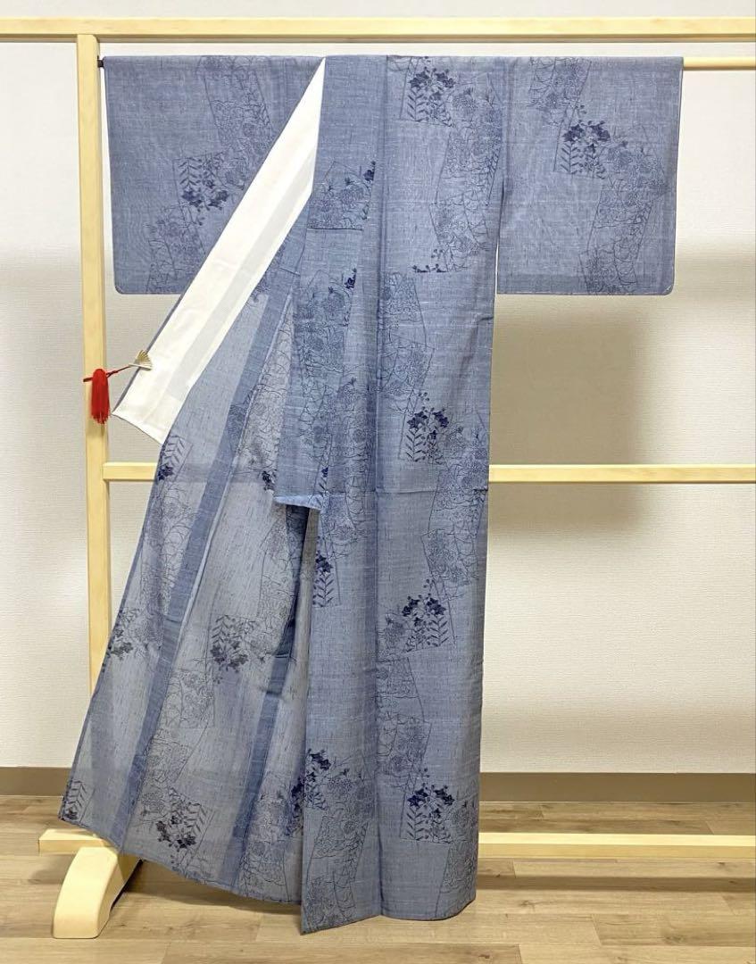 A 夏物 結城紬 短冊に花模様 灰色 桔梗 菊 手織り 着物