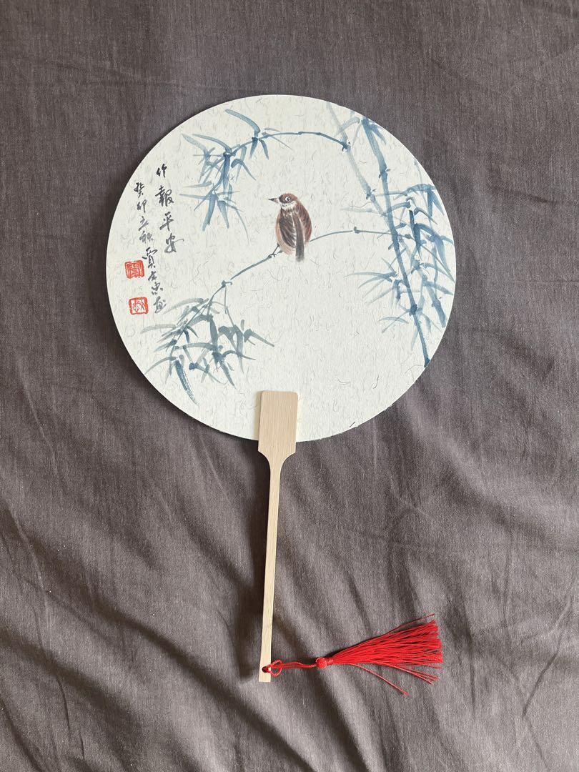扇 竹報平安(水墨画)ー賈文忠真筆