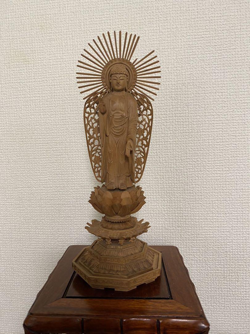 仏像楠木九重八角台座【西立弥陀】西型唐草光背 立像 彫刻 阿弥陀如来唐物