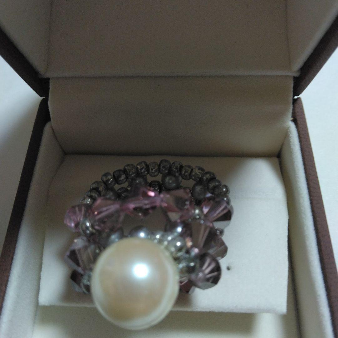 ハンドメイド パールと紫色ビーズのリング