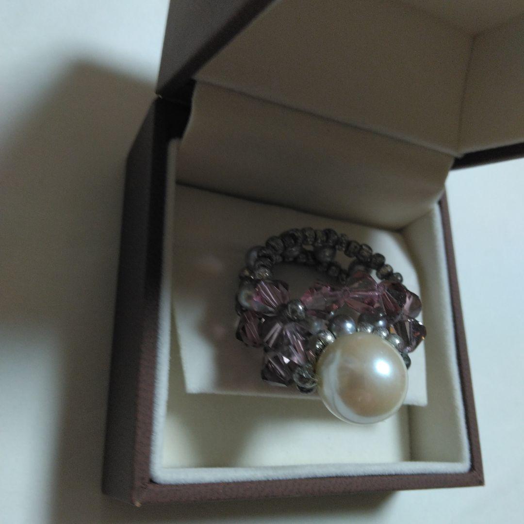ハンドメイド パールと紫色ビーズのリング