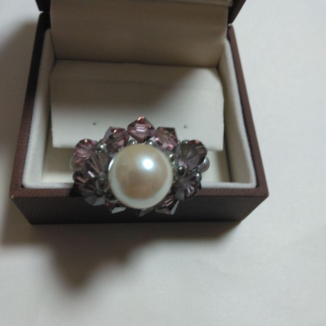ハンドメイド パールと紫色ビーズのリング
