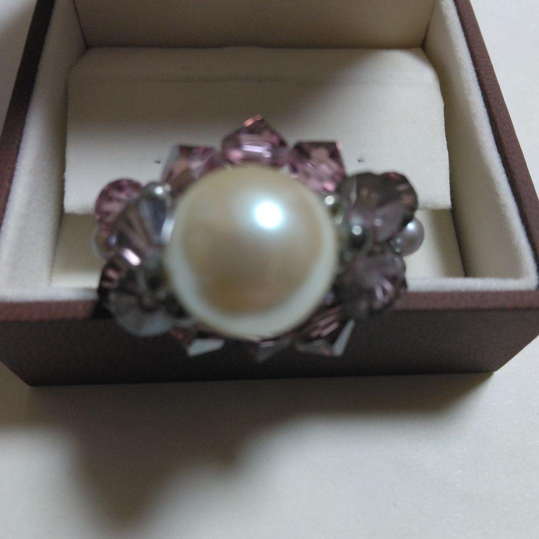ハンドメイド パールと紫色ビーズのリング
