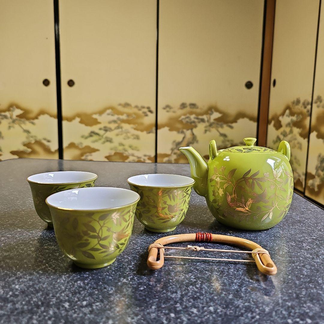 未使用品/2009年物】たち吉 美濃焼 萌葱金彩 急須 湯呑み茶碗