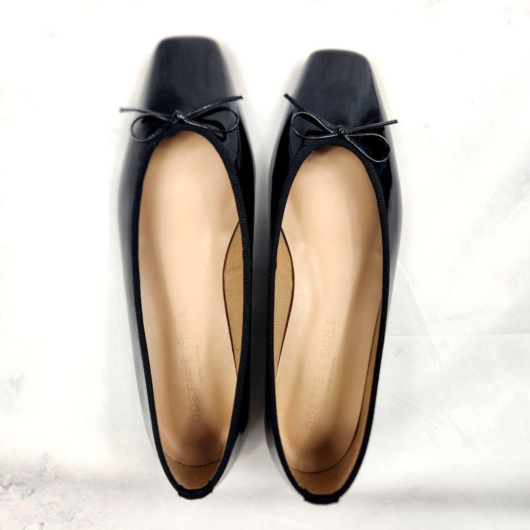 【極美品】オデットエオディール エナメル パンプス フラットシューズ リボン 黒