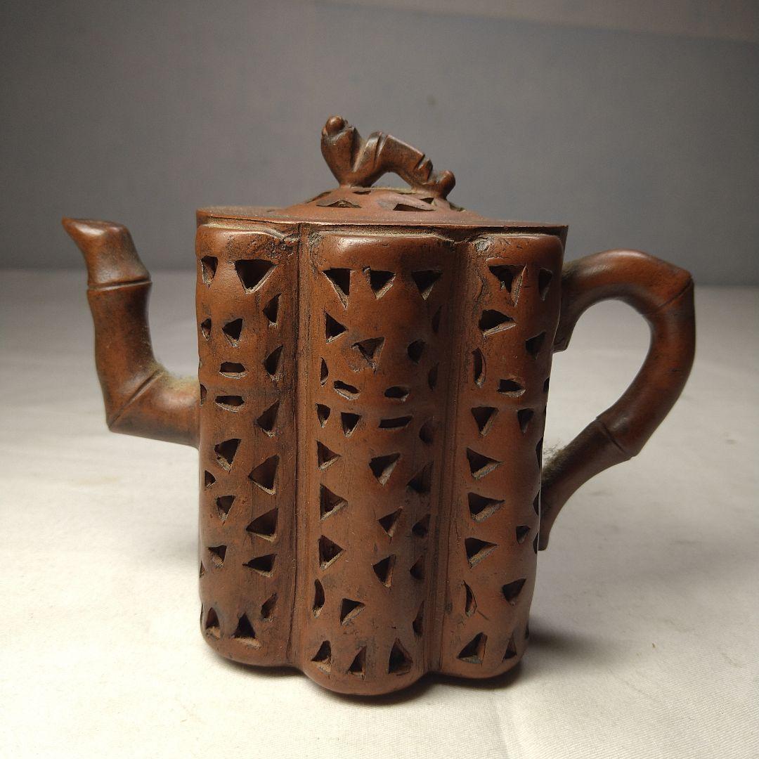 中国 朱泥 急須 竹 模様 茶器 透かし彫り 陶器 まばら 約10cm