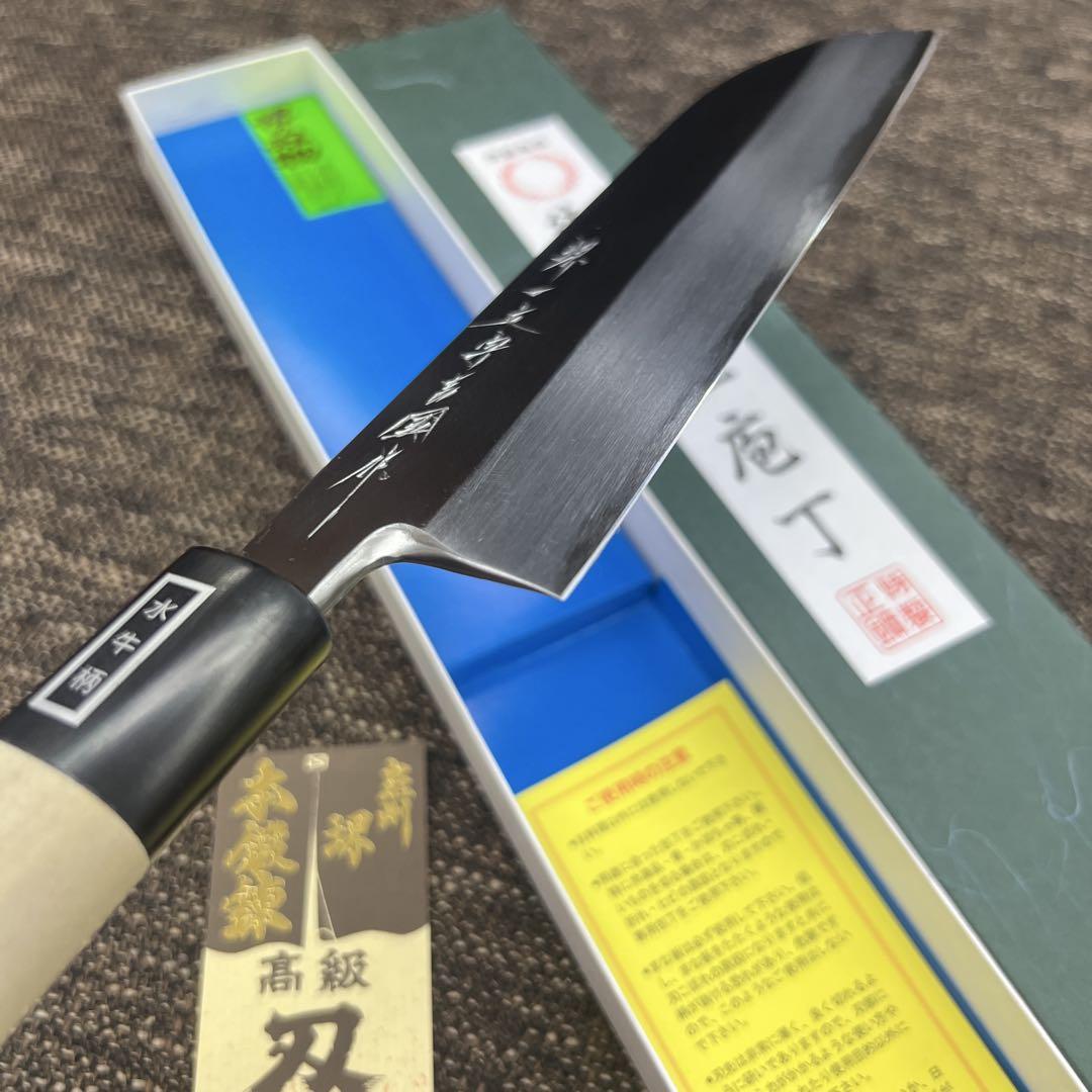 ★新品送料込白二鋼鎌形薄刃包丁180mm水牛柄右片刃裏押し化粧箱入り ☆新品送料込白二鋼鎌形薄刃包丁180mm水牛柄右片刃裏押し化粧