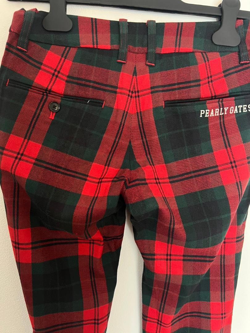 美品】パーリーゲイツ 0レディースチェックパンツ S赤緑 ゴルフ