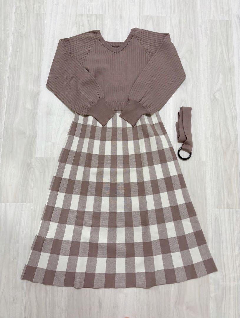 【美品】naturalcouture チェックジャガード2WAYニットワンピース