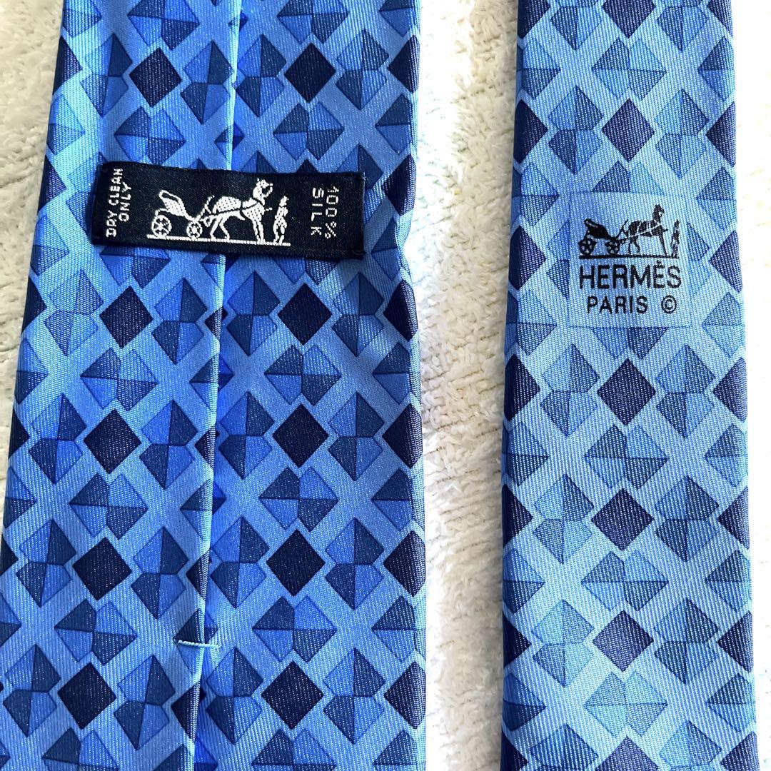 新品】エルメスHERMESブルー系 シルク ブランド小物 ネクタイ男性箱付き-