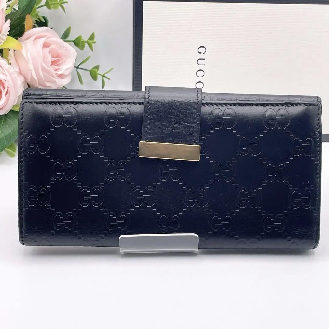 GUCCI　グッチ　GGシマレザーブラック　Ｗホックタイプ　保存袋・付属品 グッチ GUCCI 長財布 GG シマ レザー Wホック ブラック 黒
