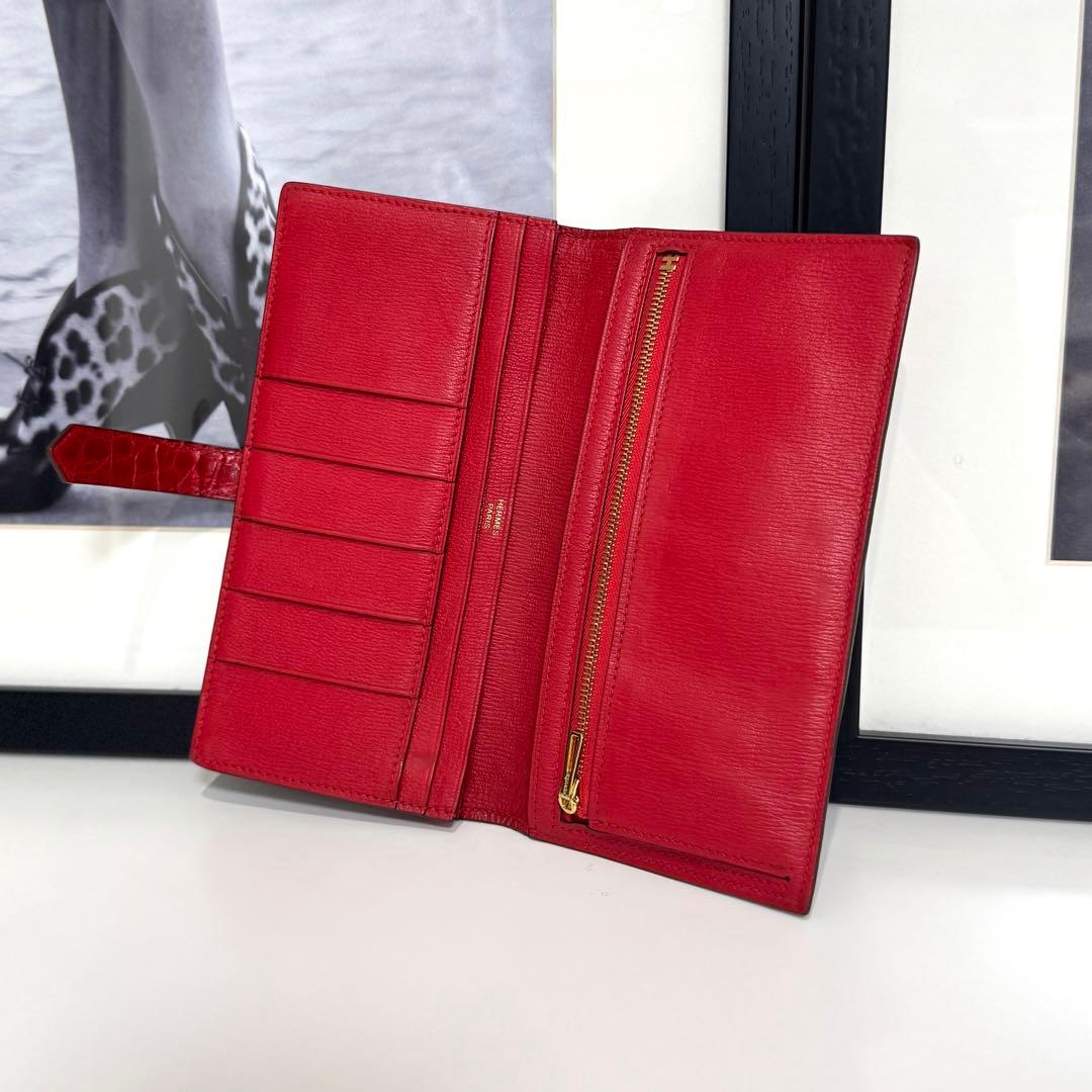 HERMES エルメス ベアンスフレ アリゲーター レッド系 長財布