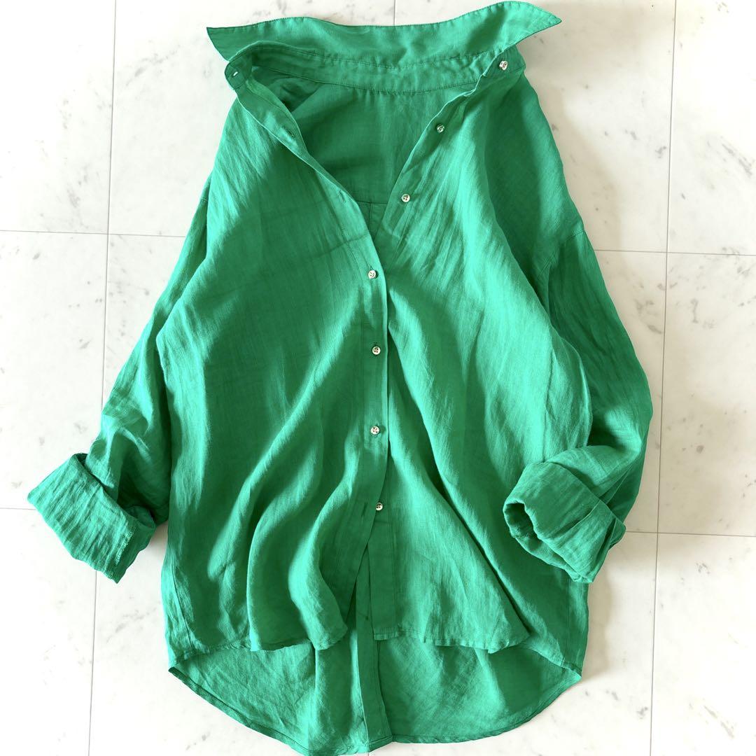 驚きの安さ 美品 ラウンジドレス リネンバックタイシャツ 洗える グリーン トップス