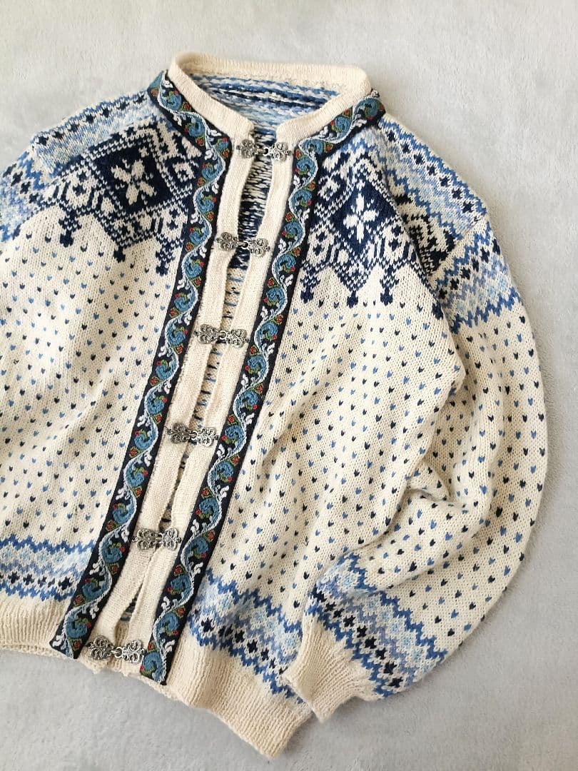 ノルウェー ノルディック柄 チロルカーディガンウール メタルフック ユーロ古着L VINTAGE