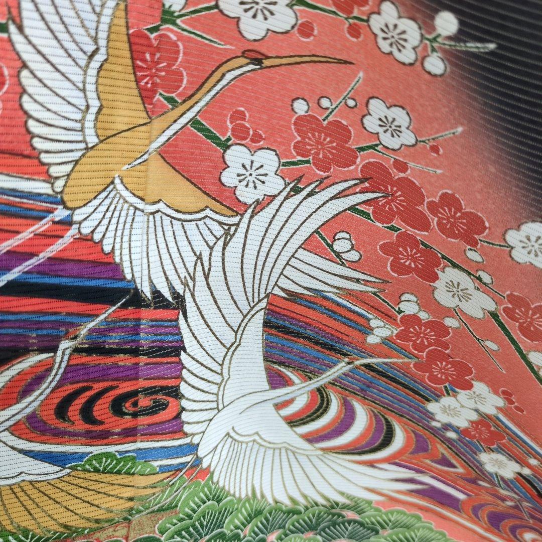 （39）絽 黒留袖 花と鶴の模様 比翼仕立て 五つ紋
