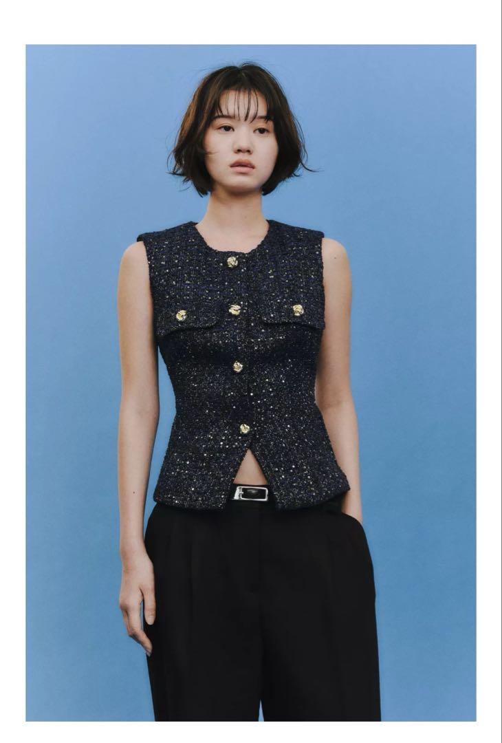 ZARA テクスチャーベスト ジレ ツイード ベルト 金ボタン M 正規品⭐︎ZARA ベルト テクスチャー ベスト L ネイビー