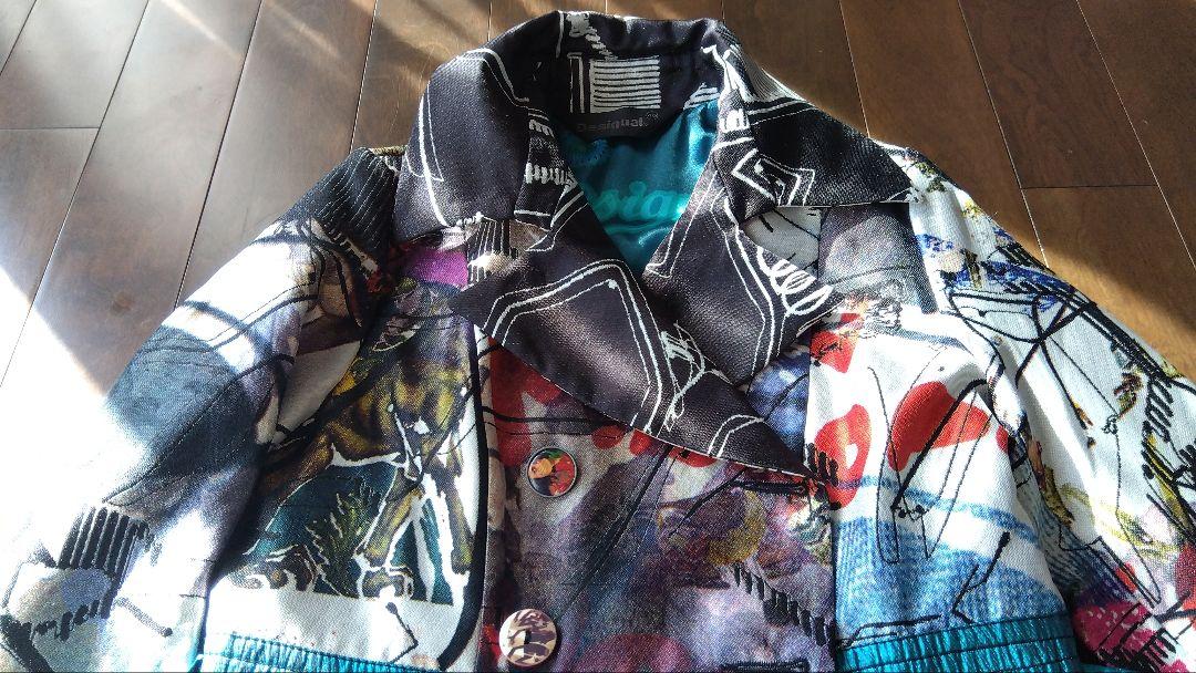 【美品】DESIGUALロングコートボタニカル・派手　ロゴ総柄40デシグアルＬ